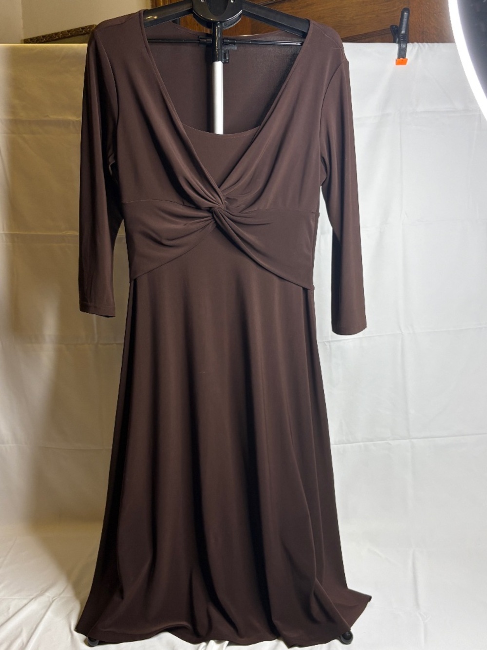 Jones New York Dress Womens 12 Midi Dress Brown Twist Front Jersey 3/4 Sleeve